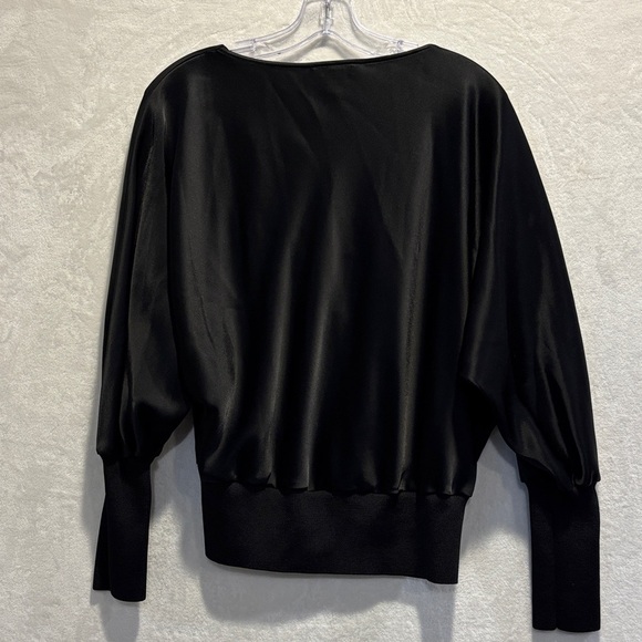 St. John Satin Black Blouse Knit Trim Cowl Neck Dolman Sleeve Top Size Medium - Picture 8 of 16
